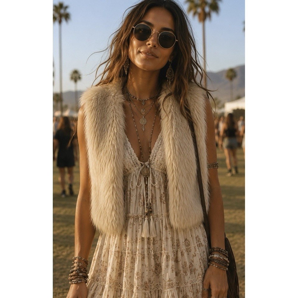 Y2K Old Navy Womens Faux Fur Vest Size XS Boho Hippie Coachella Western Festival